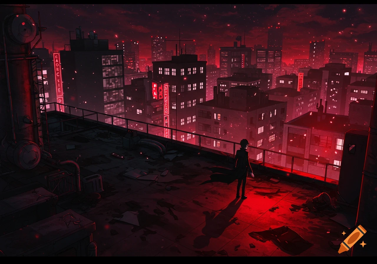 A person stands on a dark, debris-strewn rooftop, overlooking a cyberpunk-style city skyline bathed in red light at night, with glowing windows and neon signs.