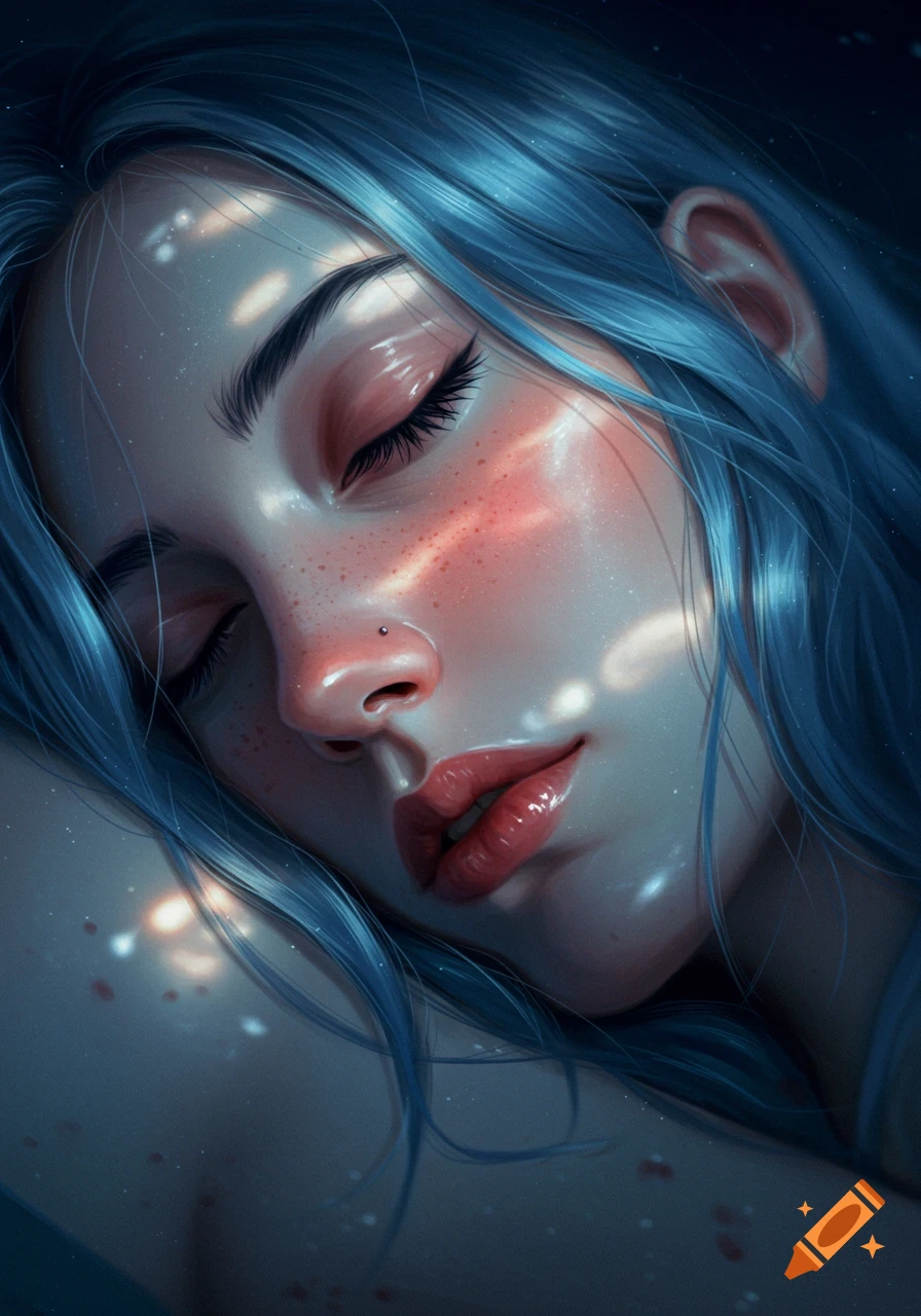 Close-up digital painting of a woman with blue hair sleeping, with soft light dappling her face.