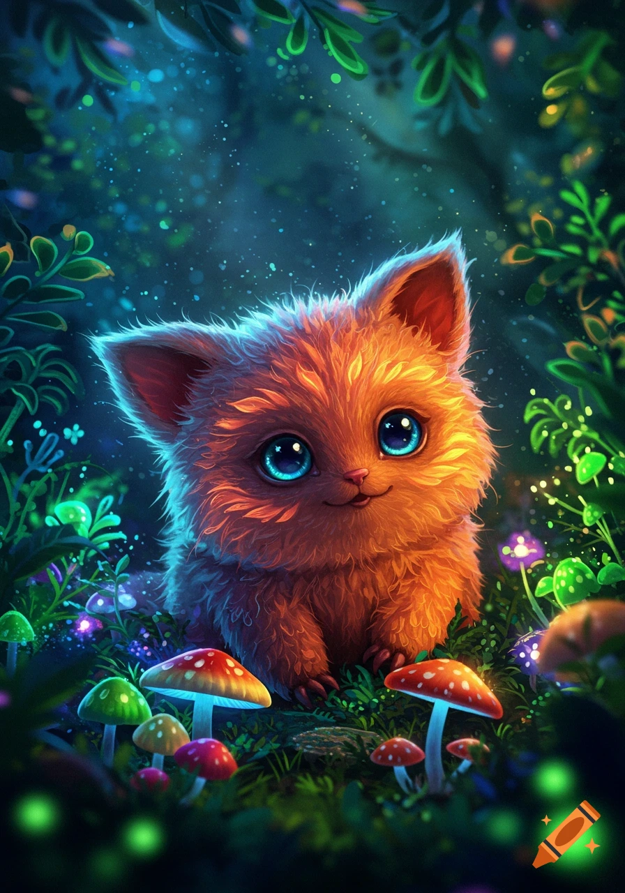 A cute, fluffy orange creature with big blue eyes sits among glowing mushrooms and plants in a whimsical, dark fantasy forest.