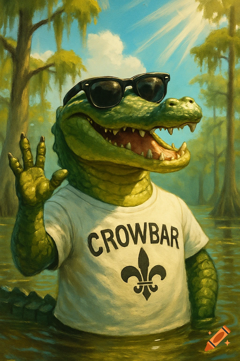 A green anthropomorphic alligator with sunglasses and a 'CROWBAR' t-shirt waves from a swamp with trees and sunny sky, in an illustration style.