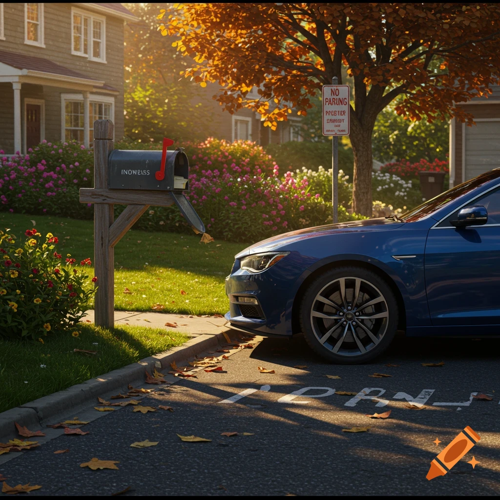 Photorealistic image of a blue car parked on a suburban street, next to a mailbox, with a house and autumn trees in the background.