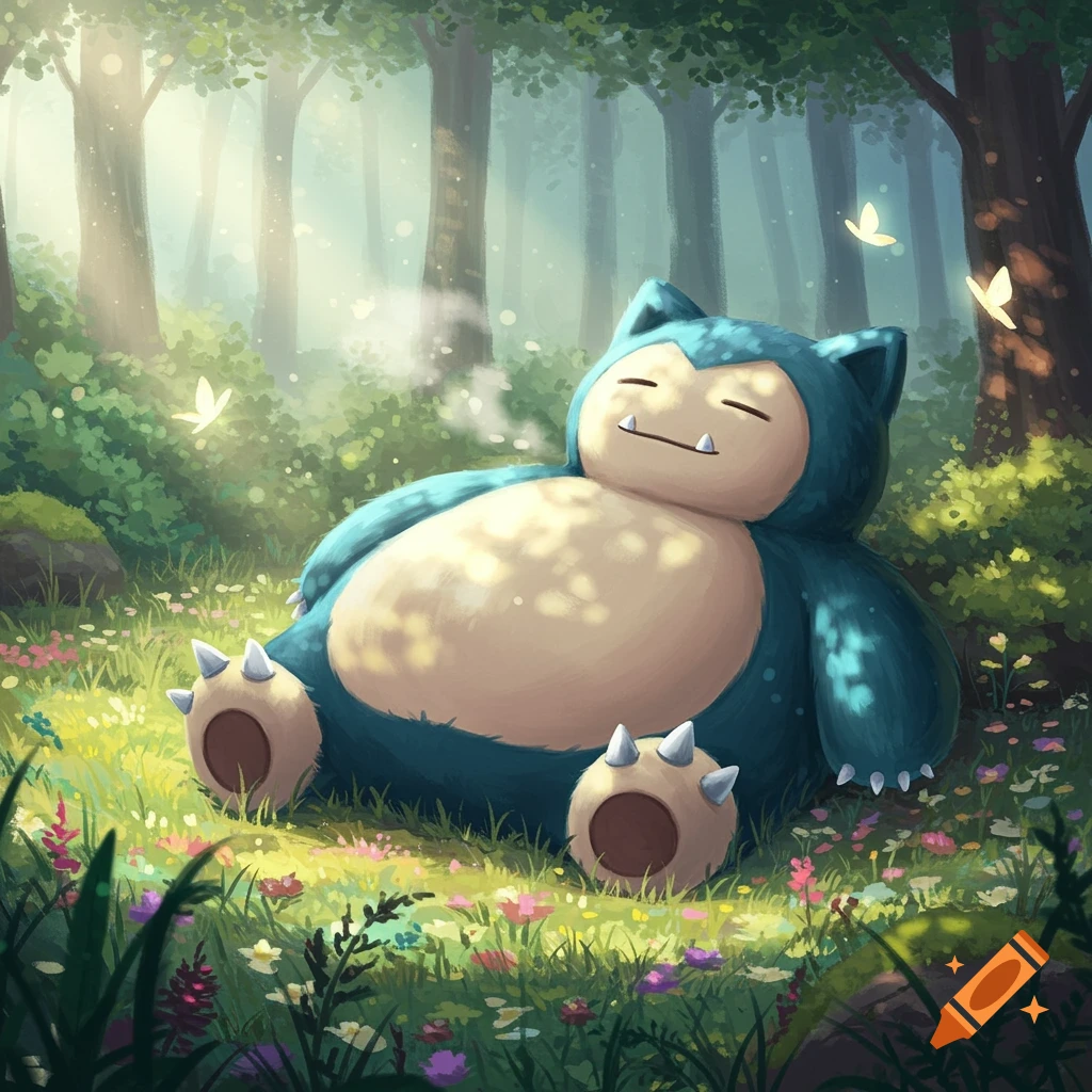 A blue Snorlax with a light belly sleeps in a sun-dappled forest, surrounded by wildflowers and butterflies. Illustrative style.