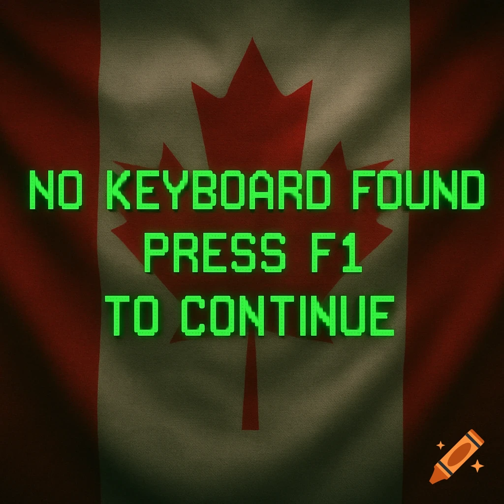 Green pixelated text 'NO KEYBOARD FOUND PRESS F1 TO CONTINUE' over a waving Canadian flag background.