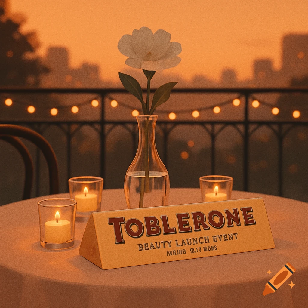 A table on a terrace at sunset with a flower in a vase, lit tea candles, and a Toblerone beauty launch event sign.