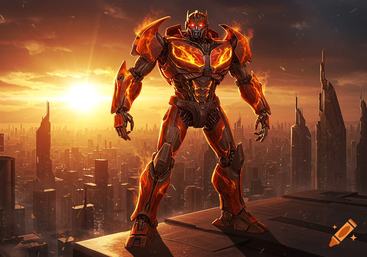 A giant red and orange robot with glowing eyes stands atop a building overlooking a futuristic city at sunset.