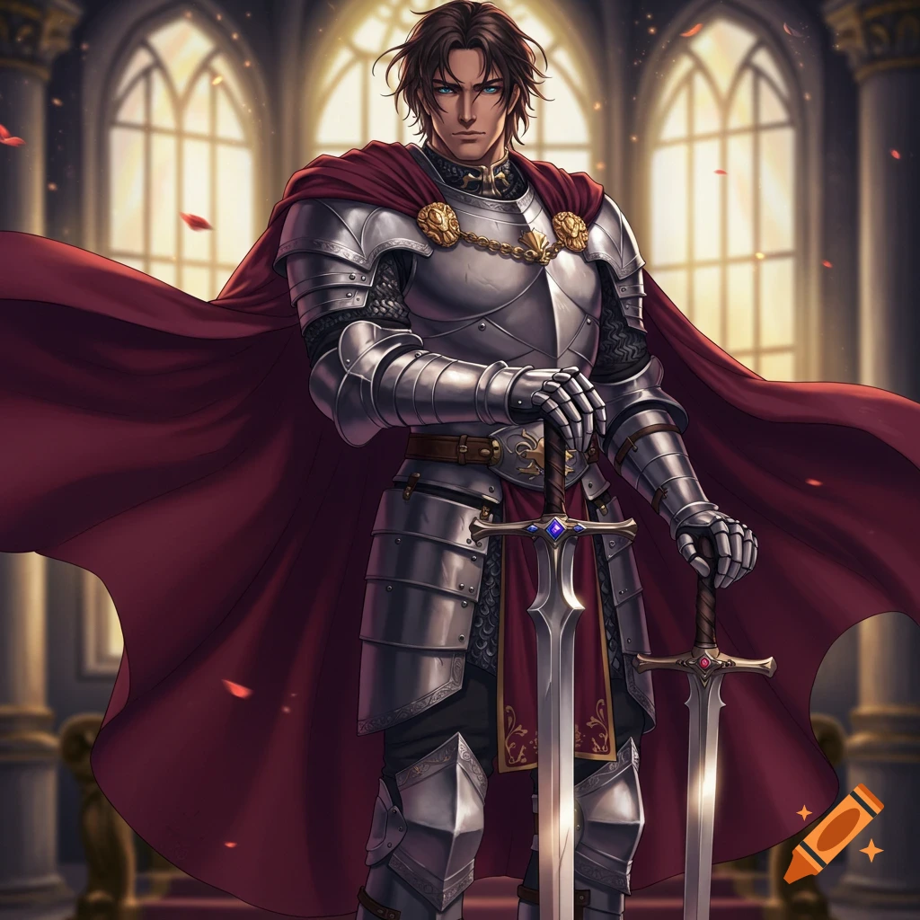 An anime-style knight in shining armor with a flowing red cape stands in a grand hall, holding two swords.