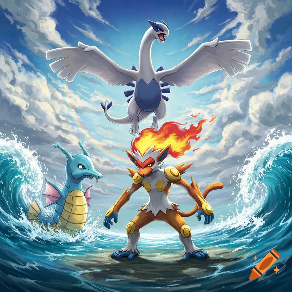 Lugia flies above Infernape and Kingdra in a vibrant illustration with waves, clouds, and a rainbow.