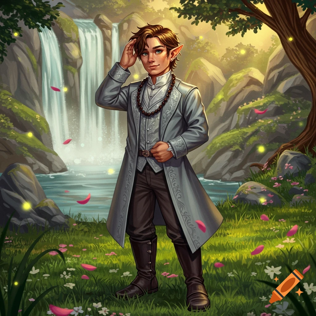 A male elf in a fancy grey coat and boots stands in a lush green field with waterfalls and glowing fireflies.