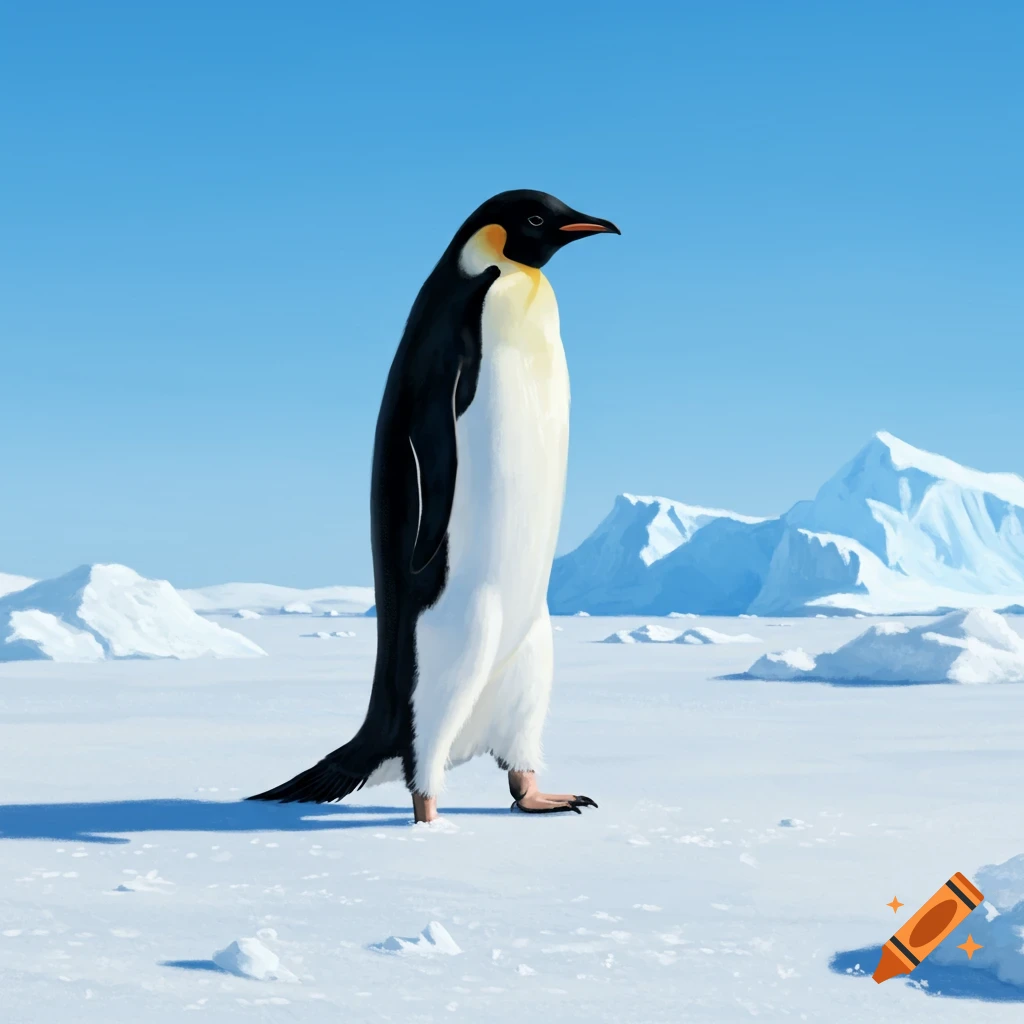An emperor penguin stands on a vast snowy plain with distant icy mountains under a clear blue sky.