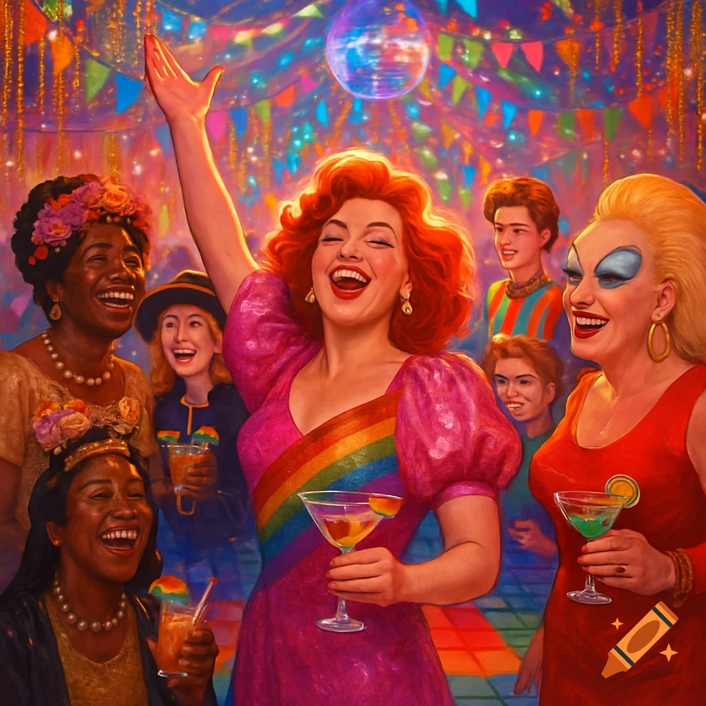 A vibrant, colorful painting of diverse people celebrating at a disco-themed party, dancing and holding drinks under a disco ball and festive lights.