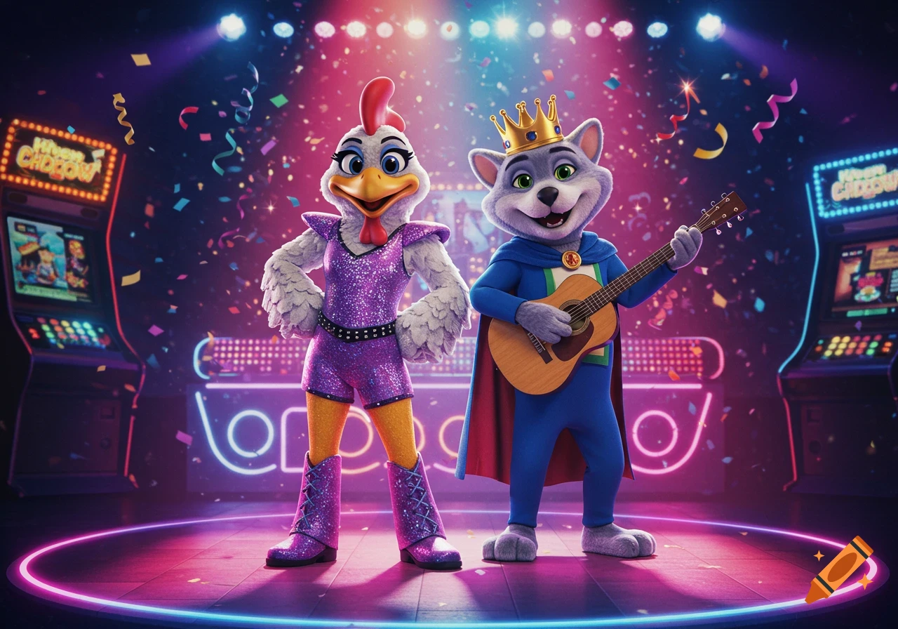A chicken in a purple sparkly suit and a cat in a blue cape and crown with a guitar stand on a stage with neon lights and confetti.
