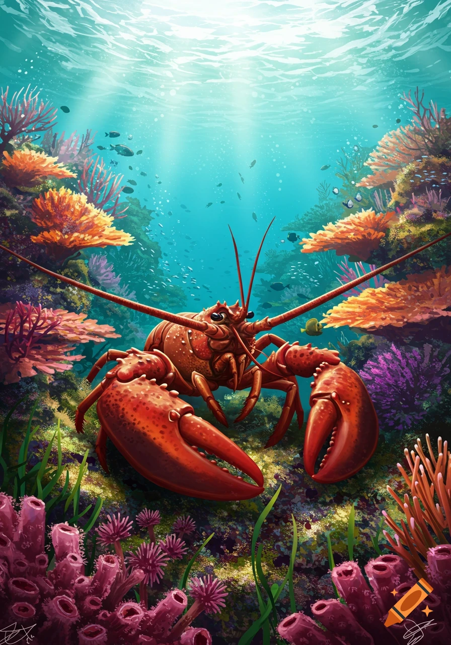 A vibrant illustration of a lobster on a colorful coral reef, with sunlight filtering through the water.