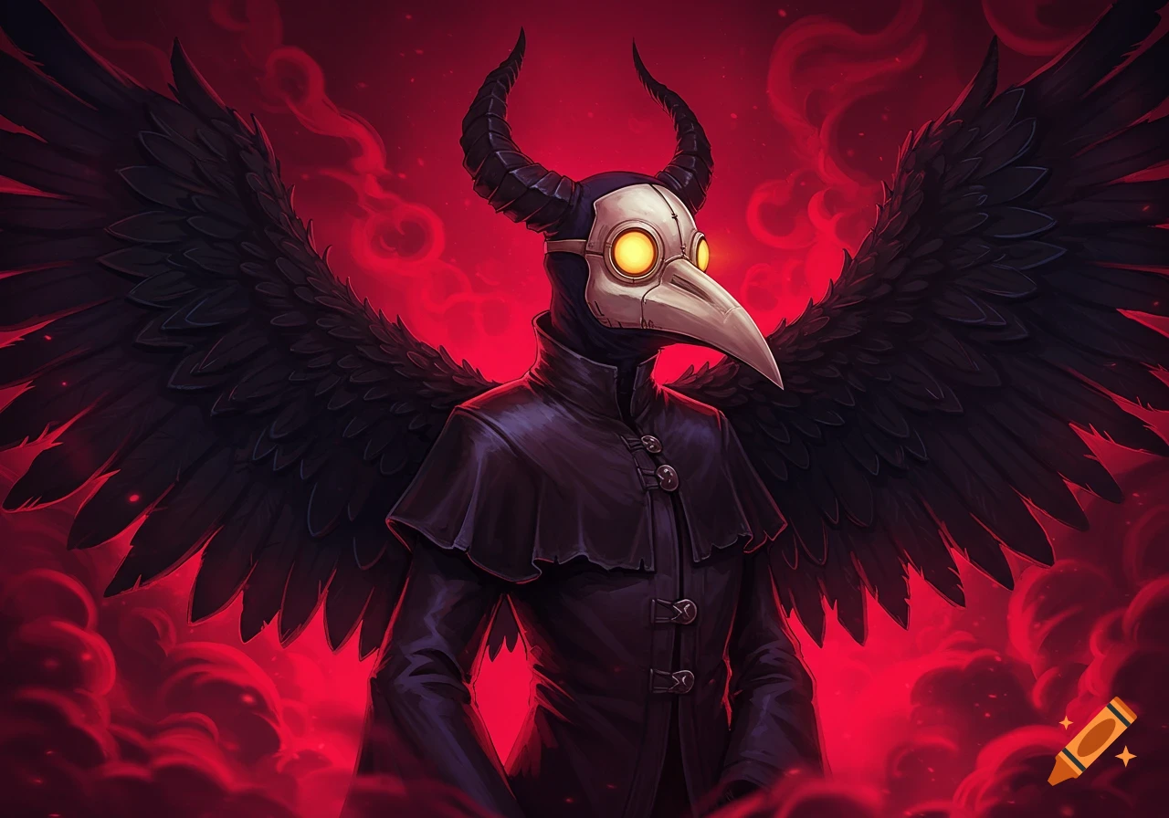 A stylized raven demon in a plague doctor mask with glowing yellow eyes, black horns, and large black wings against a smoky red background.