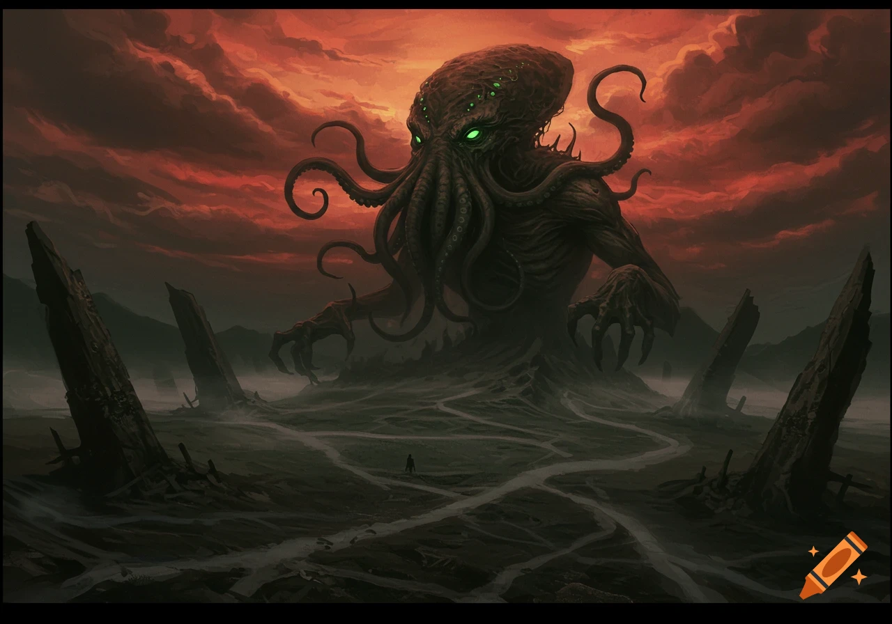 A colossal, dark, monstrous creature resembling Cthulhu with glowing green eyes and tentacles for a face looms over a desolate, shadowy landscape under a fiery red sky, in the style of Zdzislaw Beksinski. A tiny human figure stands in the foreground.