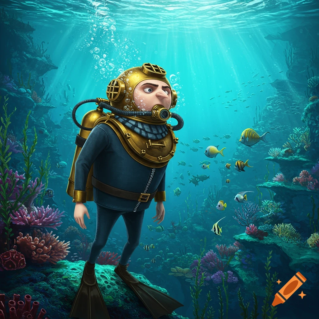 Gru from Despicable Me in an old-fashioned gold deep-sea diving suit, standing on a vibrant coral reef among fish with sunbeams shining down.