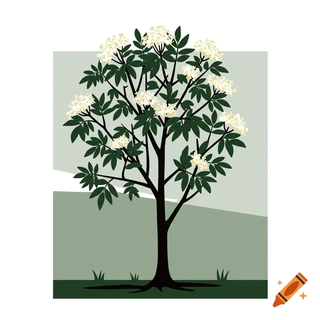 A stylized illustration of a black elder tree with white flowers and green leaves against a pale green and gray abstract background.