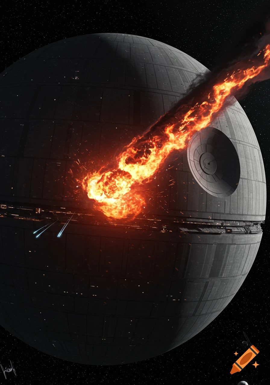 The Death Star explodes in a fiery inferno in space, with small Tie Fighters flying nearby against a starry background.