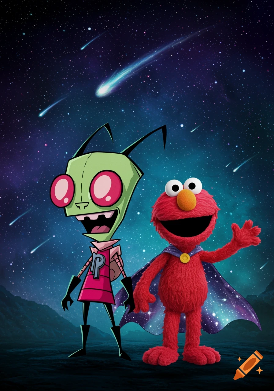 Invader Zim and Elmo stand side-by-side on a dark landscape under a vibrant, starry night sky with numerous shooting stars. Zim is a green alien with large pink eyes, a grinning mouth, and a pink and black uniform. Elmo is a red furry character with an orange nose, wide smile, and is waving, wearing a blue cape with a starry pattern and a gold medallion.
