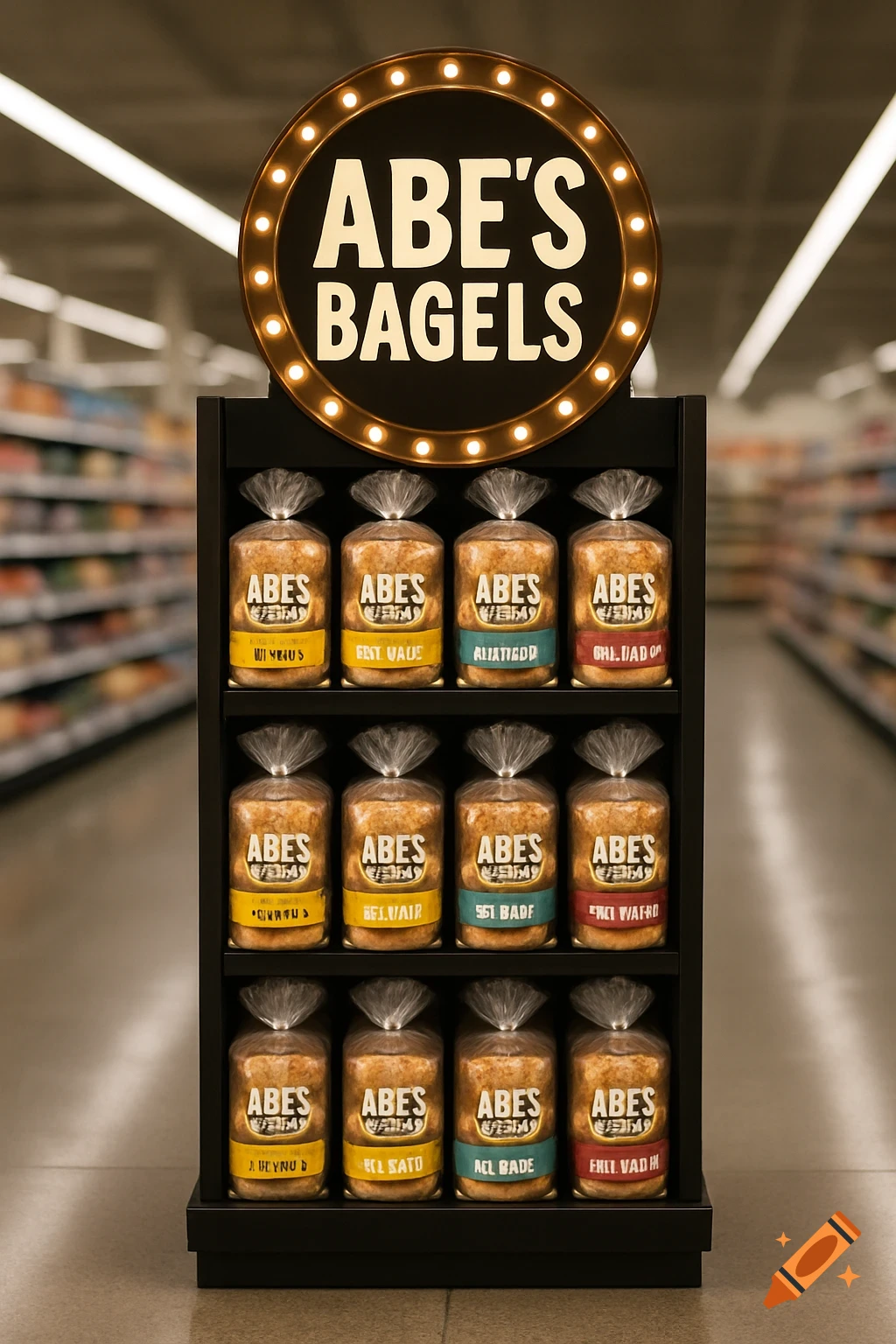 A photorealistic display stand for Abe's Bagels in a supermarket aisle, featuring a lighted circular sign and shelves of bagged bagels.