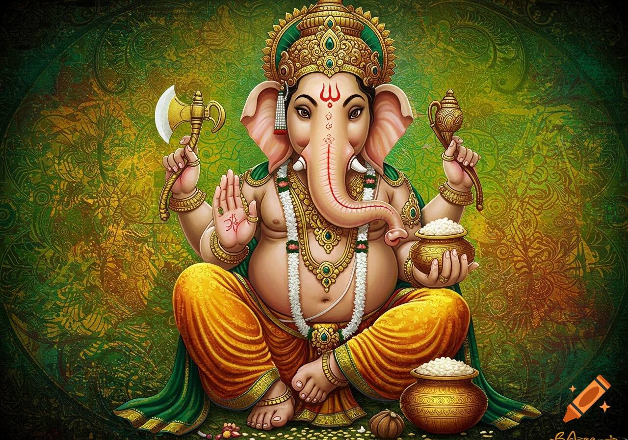 Detailed and colorful Ganesha seated, adorned with jewelry, holding an axe and sweets, against a vibrant green and gold patterned background.