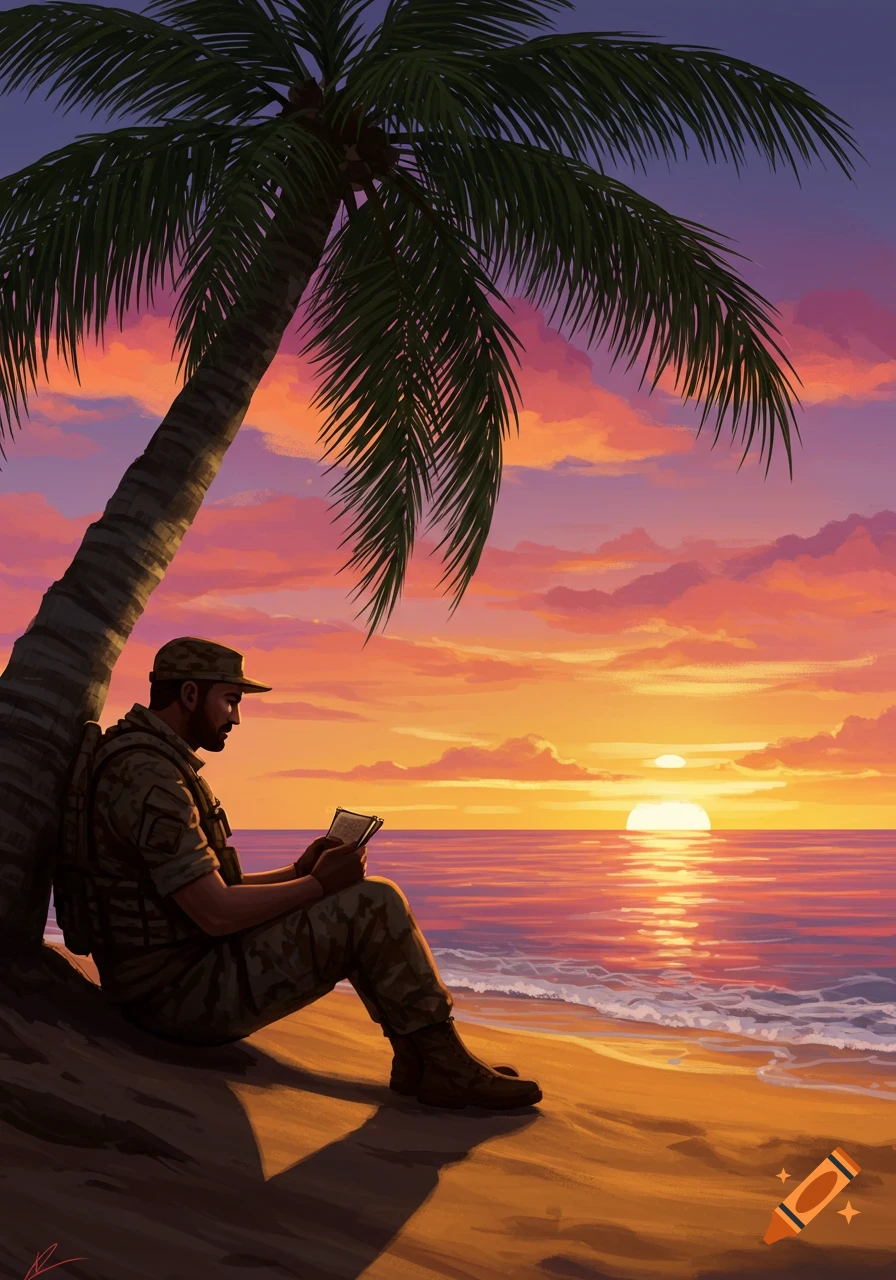 A soldier in camouflage sits under a palm tree on a beach, reading a book as the sun sets over the ocean.