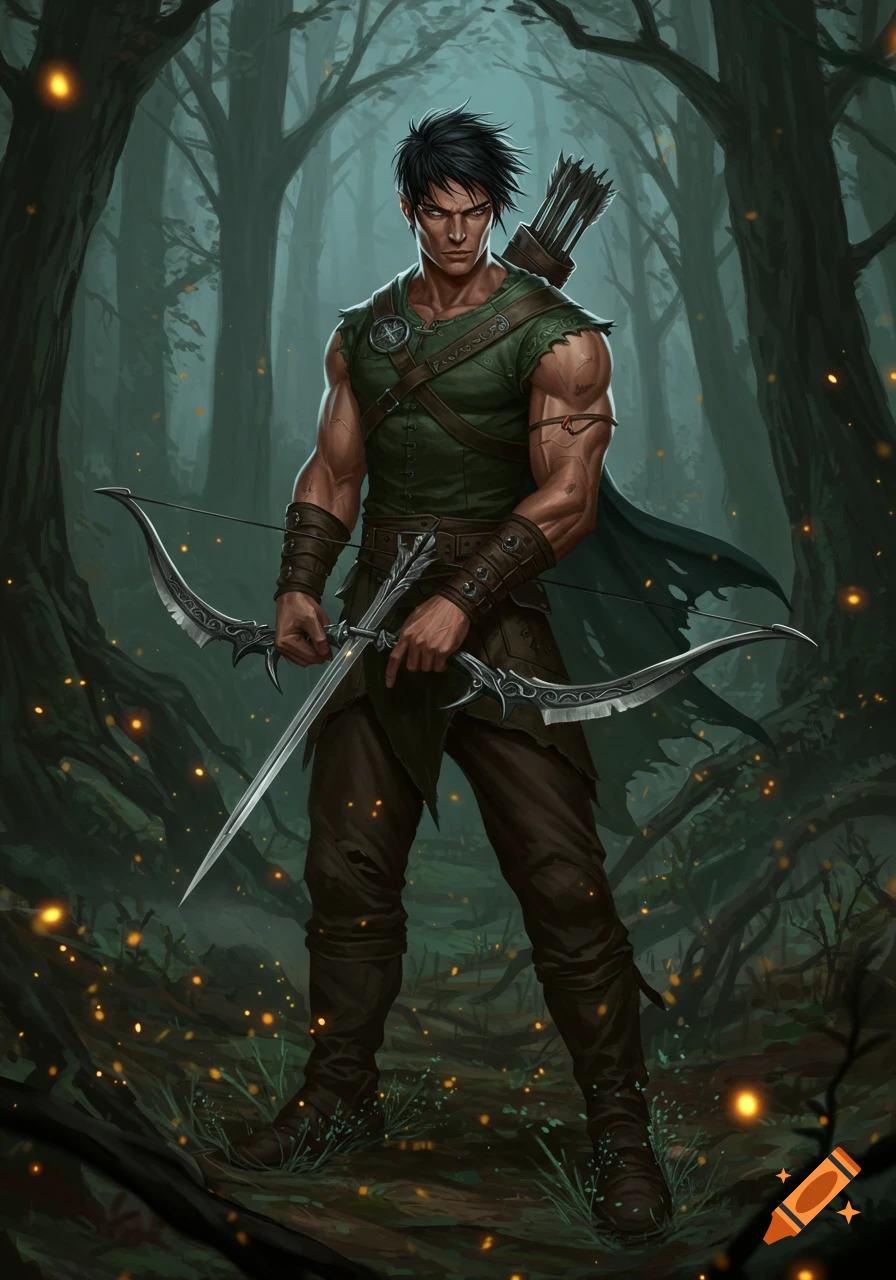 A male fantasy character with black messy hair and tanned skin, holding a bow with sword blades and a sword in a dark, mystical forest.