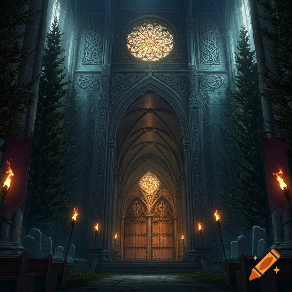 A dark, atmospheric gothic cathedral entrance at night, illuminated by torches, with tall pine trees and intricate stone carvings.