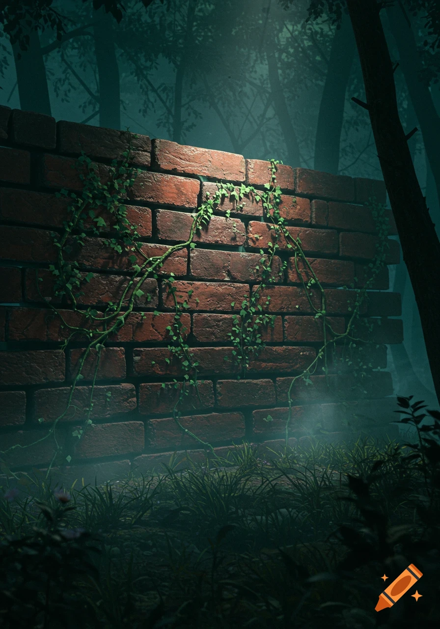 A dark, misty forest scene with an old brick wall covered in green ivy, illuminated by an ethereal light. Photorealistic style.