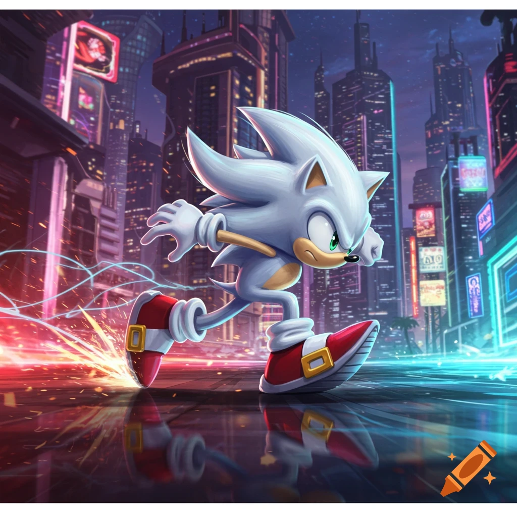White Sonic the Hedgehog running at high speed through a neon-lit futuristic city at night, leaving red and blue energy trails.