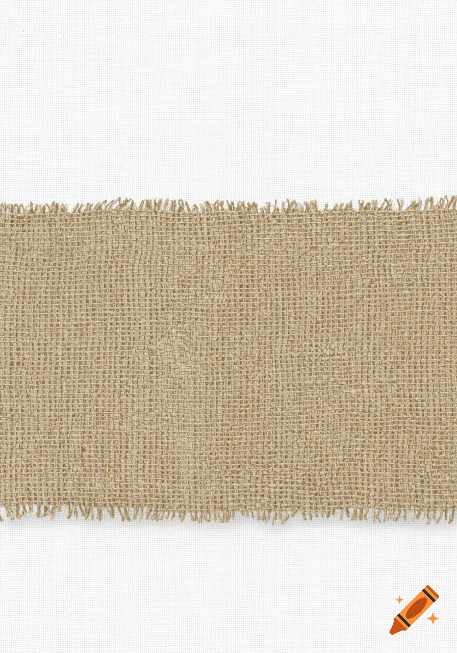 A strip of brown burlap fabric with frayed edges on a white background.