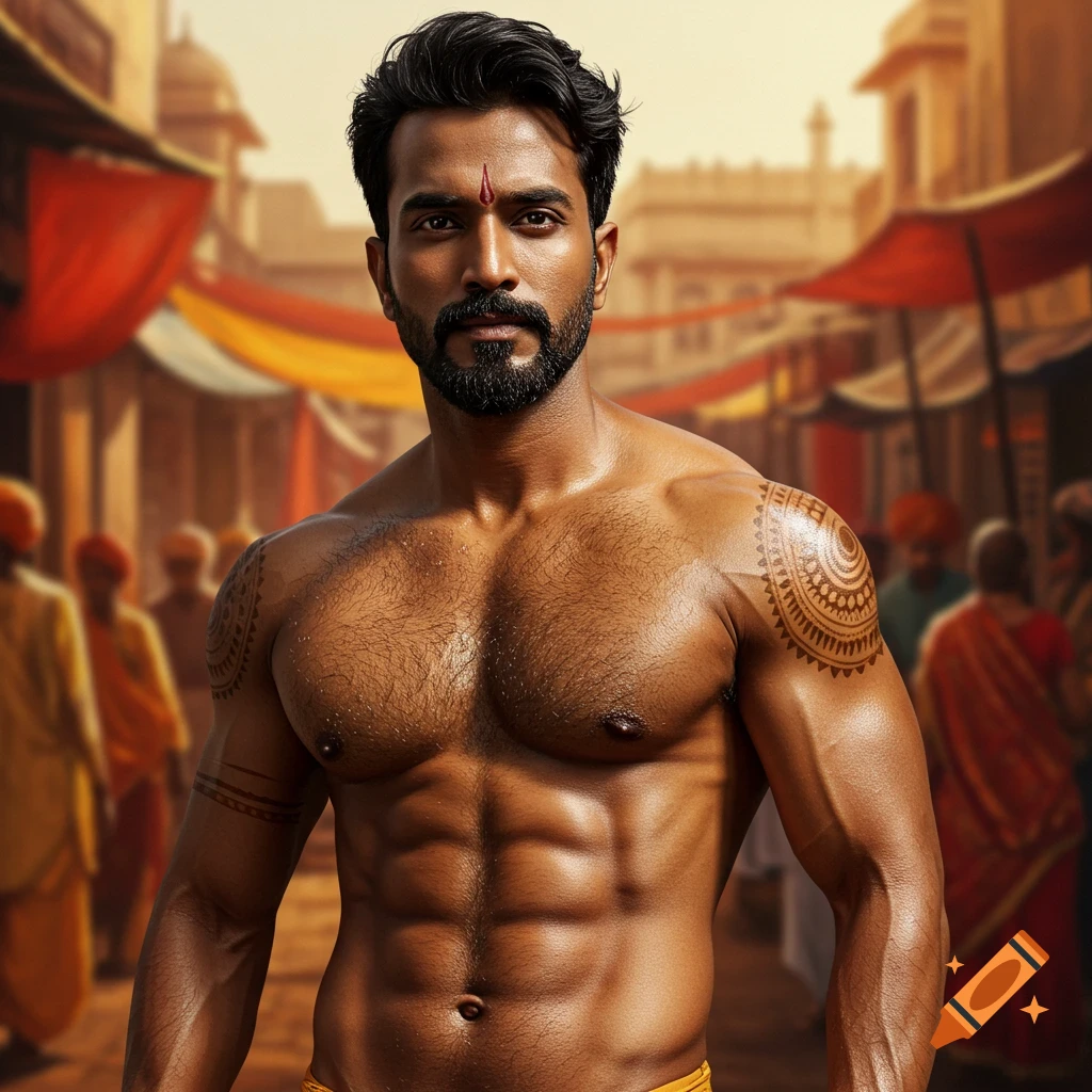 Photorealistic portrait of a handsome, muscular Indian man with a beard and mustache, shirtless, standing in a busy street market.