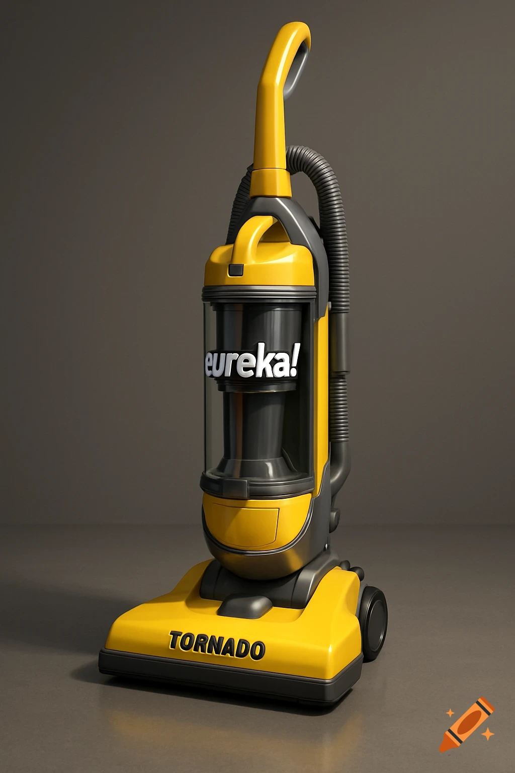 A photorealistic yellow upright bagless vacuum cleaner with gray accents, labeled "eureka!" and "TORNADO" on a dark background.