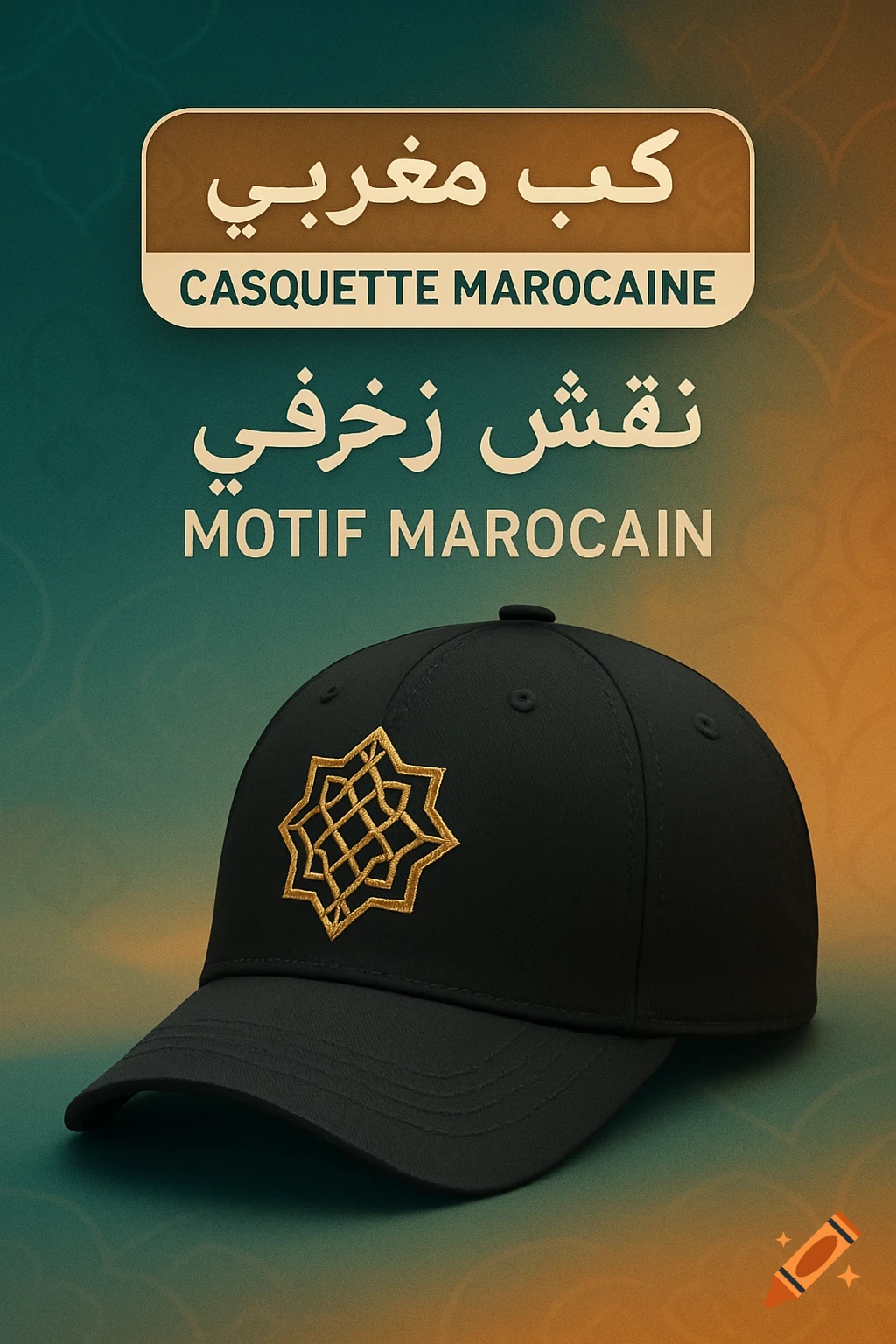 A black baseball cap with a gold Moroccan star motif and Arabic and French text on a teal and orange gradient background.