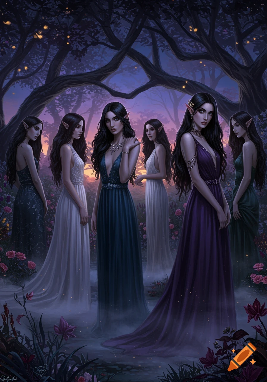 Digital painting of a group of dark-haired elves in elegant dresses standing in an ethereal, dark forest at dusk with glowing lights.