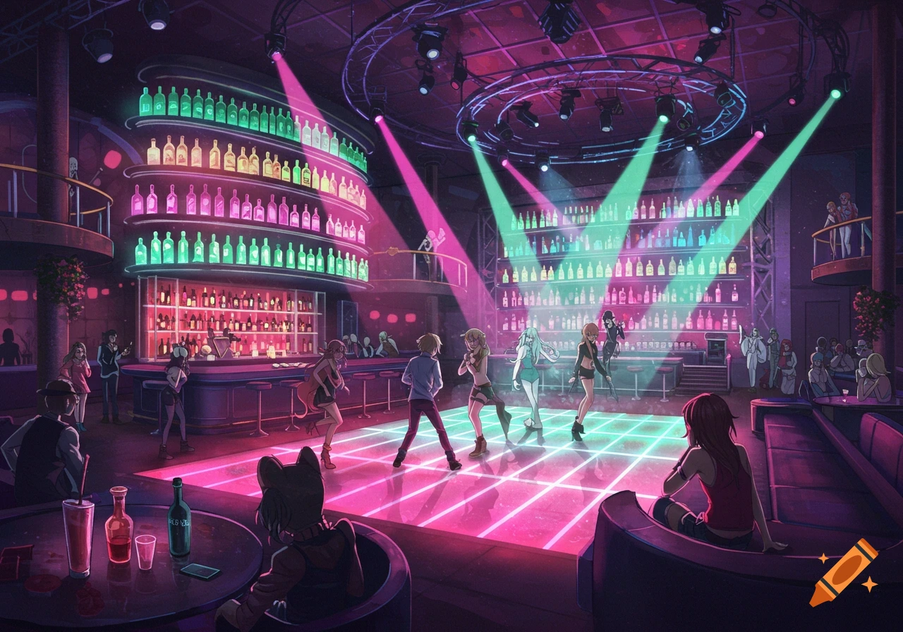 An anime-style illustration of a vibrant nightclub with a large bar, glowing shelves of bottles, and people dancing on a brightly lit floor.