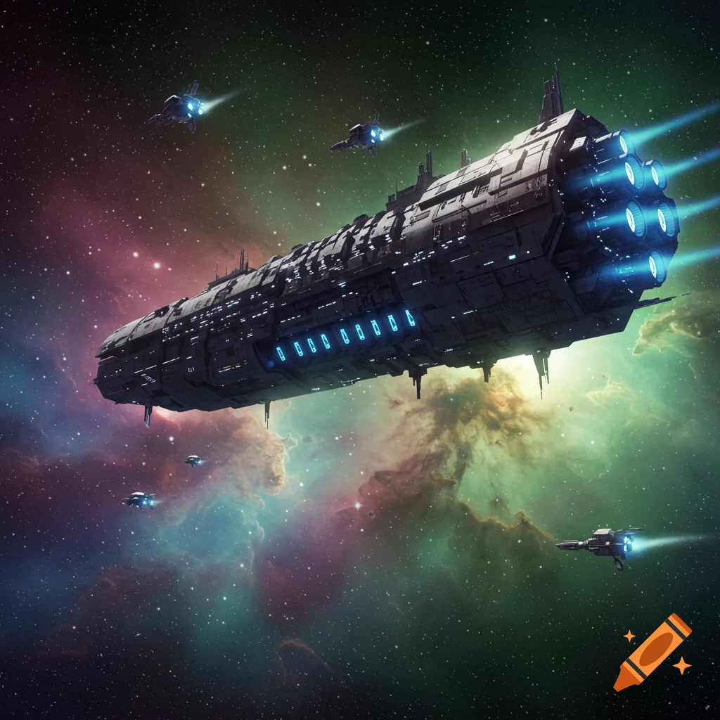 A large, detailed spaceship with smaller vessels in orbit, set against a vibrant, colorful nebula and starfield.
