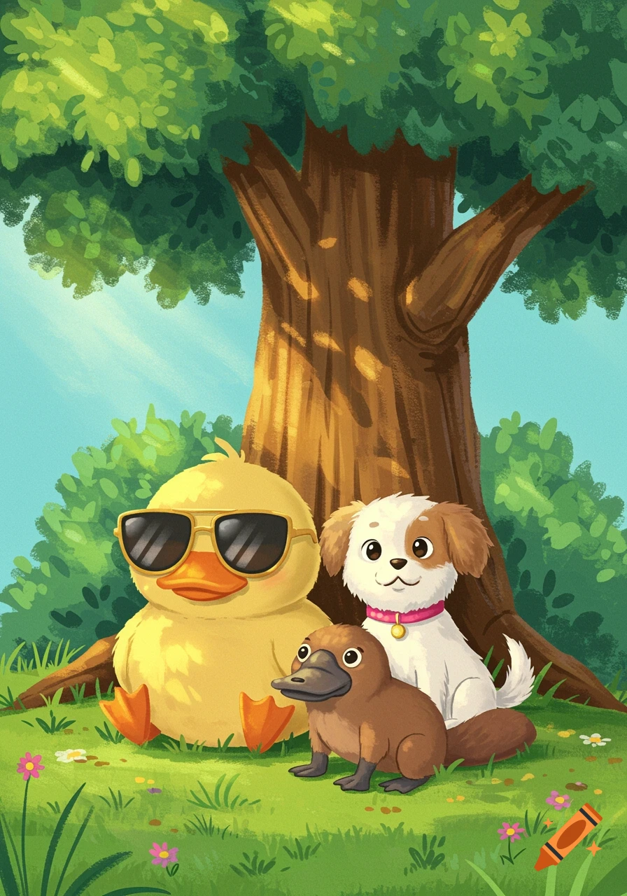 A cartoon duck with sunglasses, a dog, and a platypus sit under a tree in a grassy field.