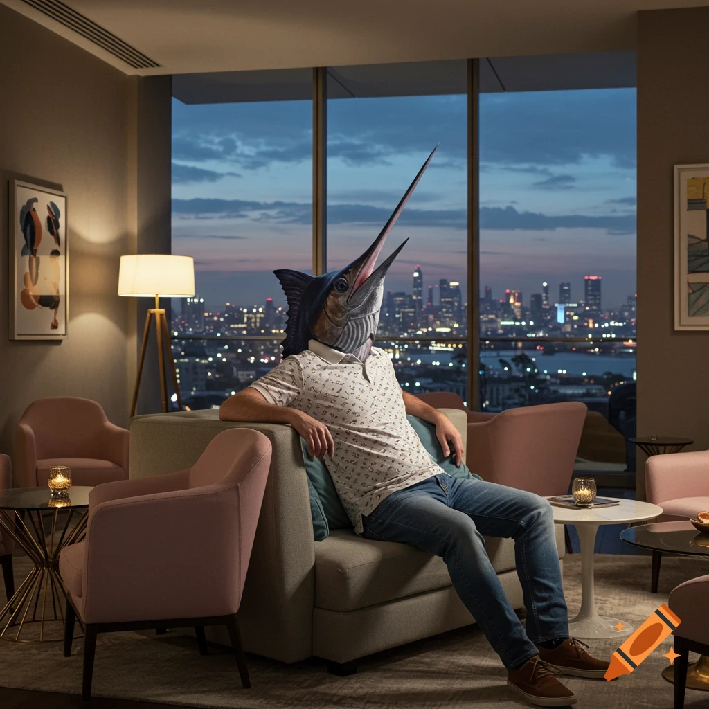 A casually dressed person with a swordfish head sits on a sofa in a modern lounge, looking at a city skyline at dusk.