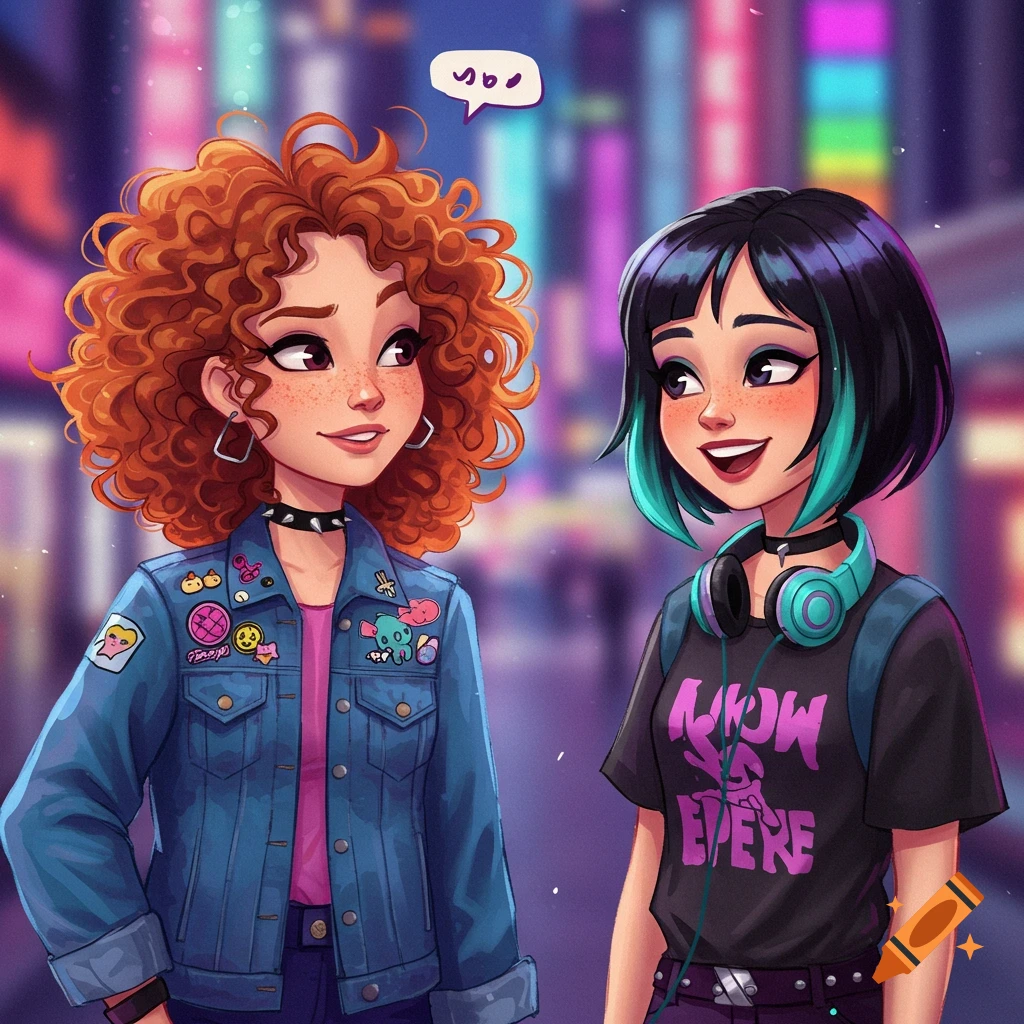 A cartoon of two teenage girls talking on a neon-lit city street at night. One has curly red hair and wears a denim jacket, the other has black and teal hair and wears headphones.