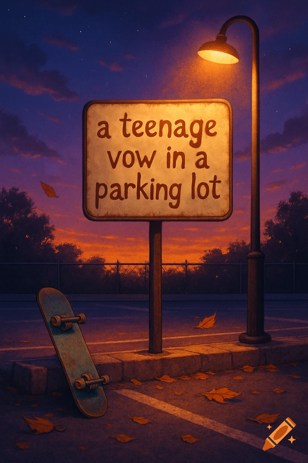 A glowing sign with 'a teenage vow in a parking lot' under a street lamp in a parking lot at dusk, with a skateboard and fallen leaves.