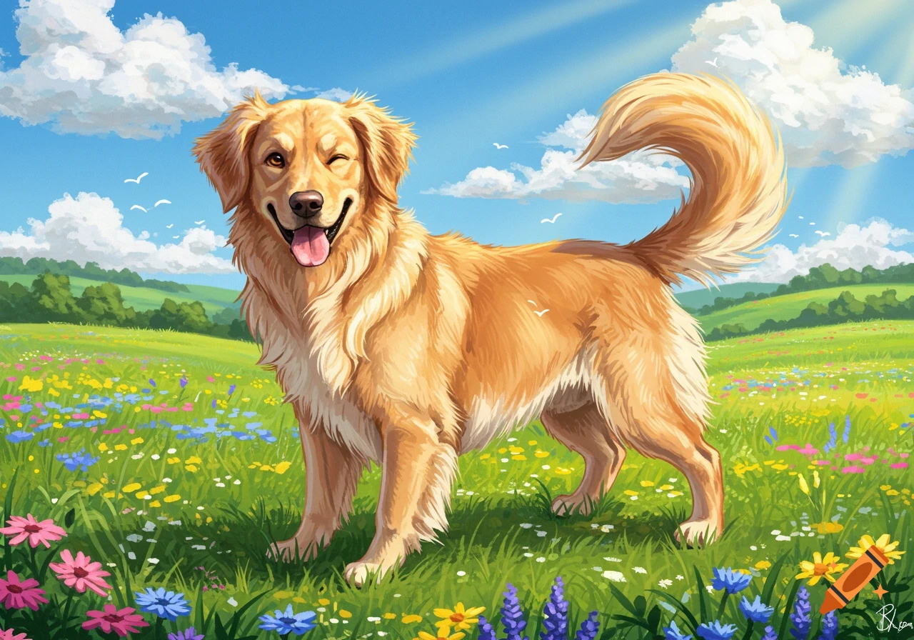 A happy golden retriever dog winks and smiles with its tongue out in a sunny field of colorful wildflowers.