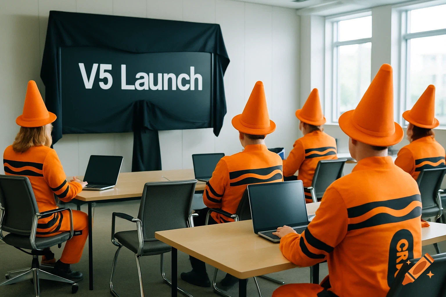 Photorealistic image of people dressed in orange crayon costumes and cone hats, sitting at desks with laptops, facing a large screen displaying 'V5 Launch' covered by black cloth.