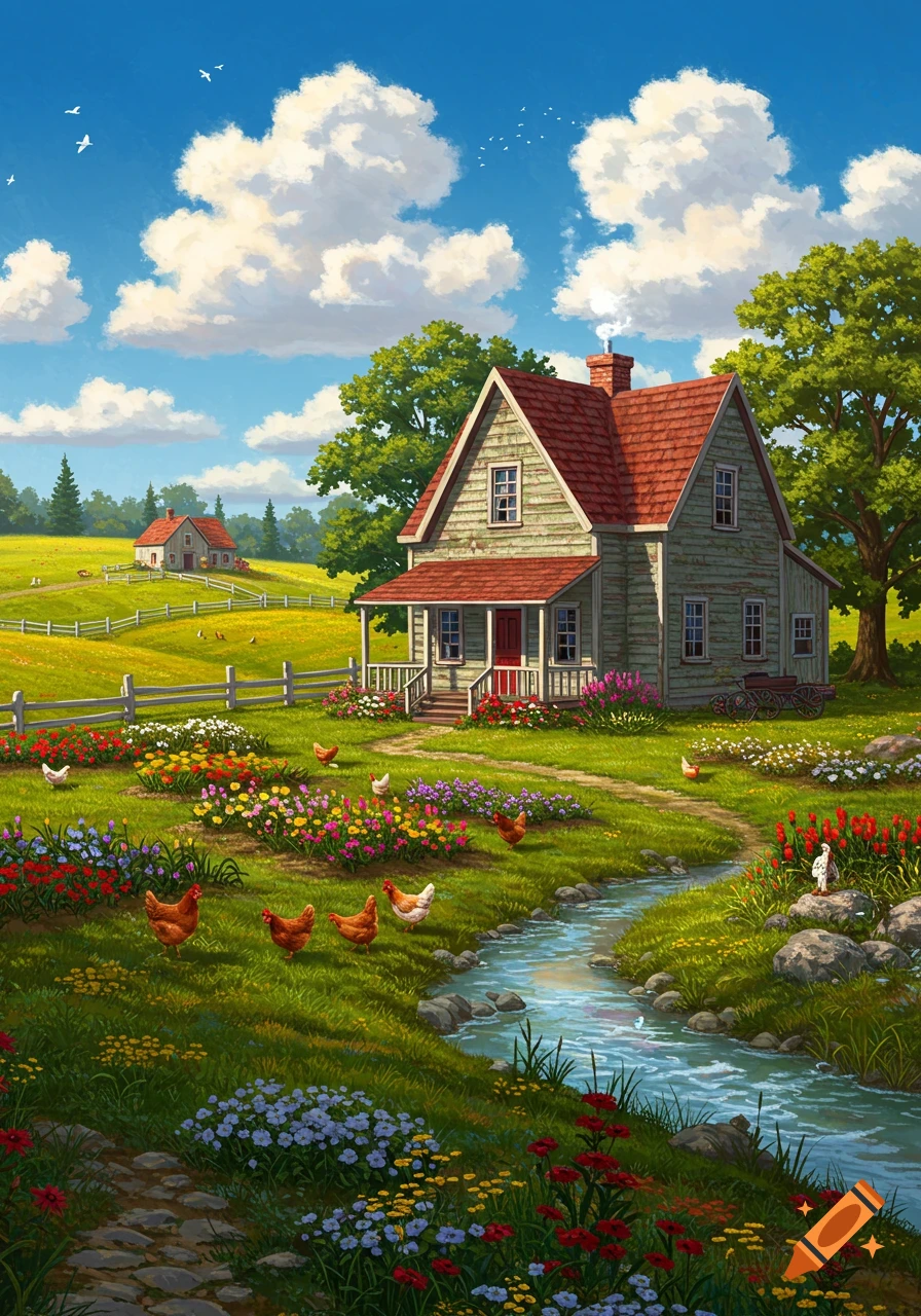 Vibrant illustration of a farmhouse, green fields, a stream, and chickens amongst colorful flowers.