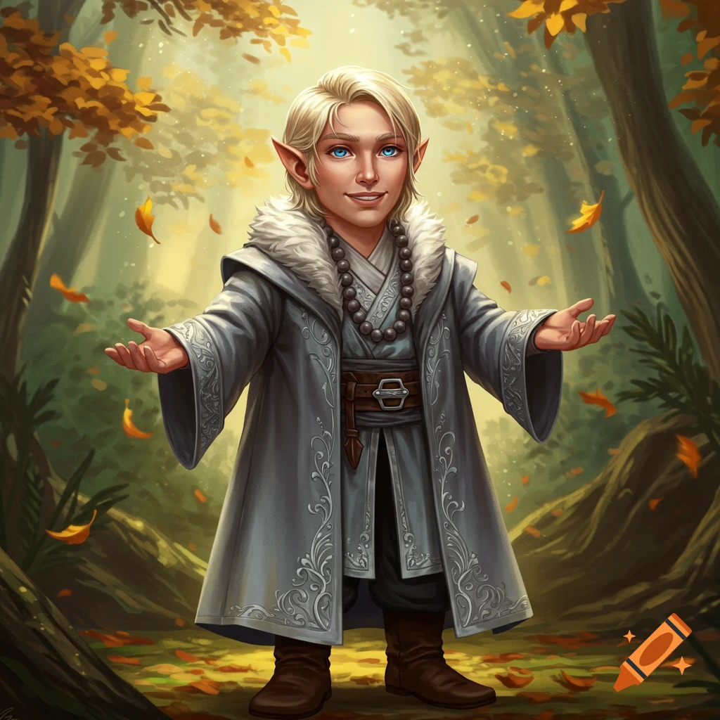 A smiling blonde male Halfling monk in a grey coat stands in an autumn forest with outstretched hands.
