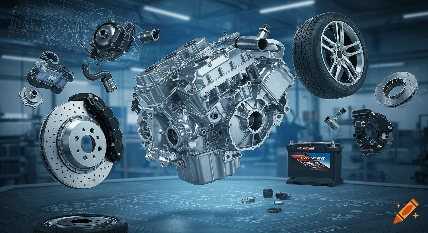 Exploded view of car parts including an engine block, tire, brake disc, and battery, set against a blueprint background.