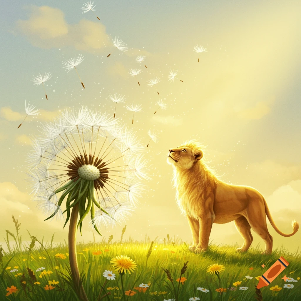 A golden lion stands in a sunny field, looking up at a large dandelion as its seeds float away into the bright sky.