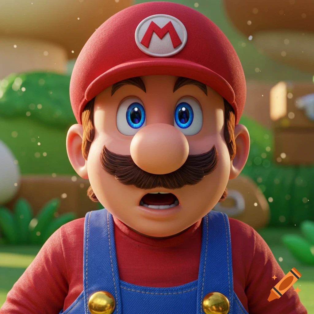 A surprised Super Mario, a 3D animated video game character, looks forward with wide blue eyes and an open mouth.