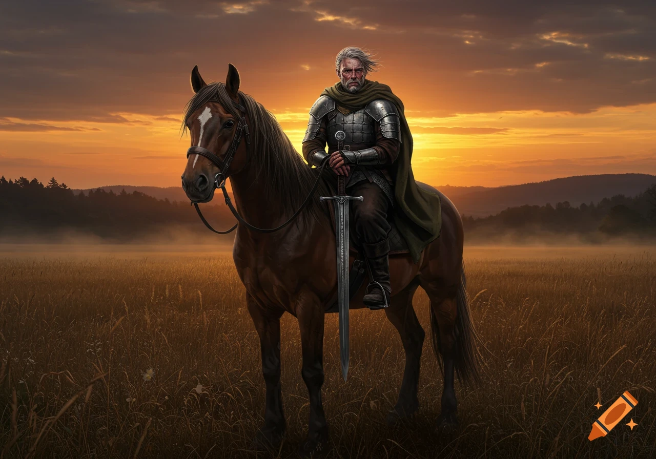 A man in armor sits atop a brown horse, holding a sword in a golden field at sunset.