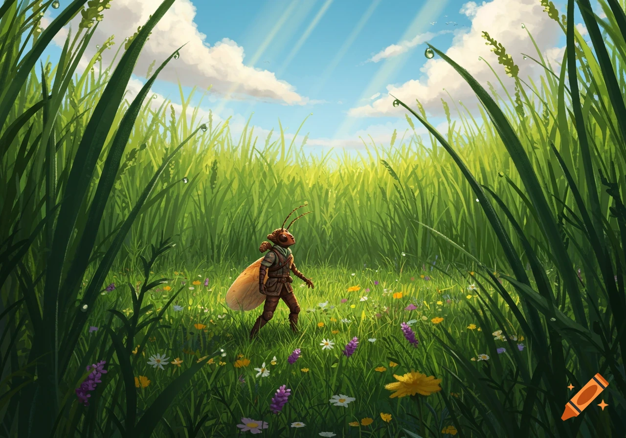 A small bug-like human figure walks through a vast field of tall green grass with wildflowers under a sunny blue sky, illustration.