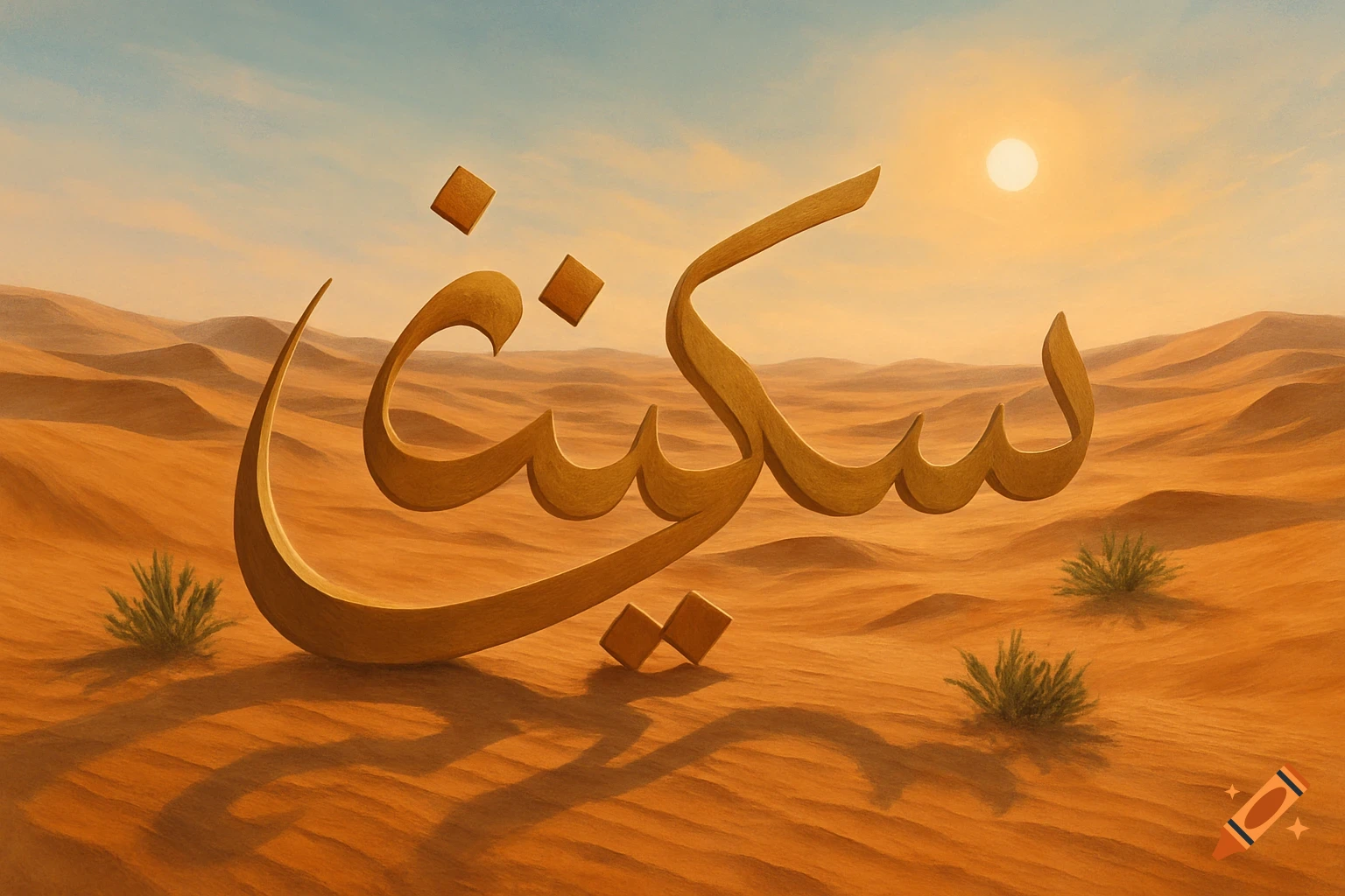 Arabic calligraphy resembling a word integrated into a vast desert landscape with sand dunes under a clear sky and sun.